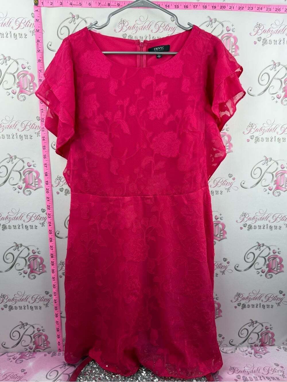 IMNYC Fuchsia Floral Jacquard Midi Dress with Flutter Sleeves